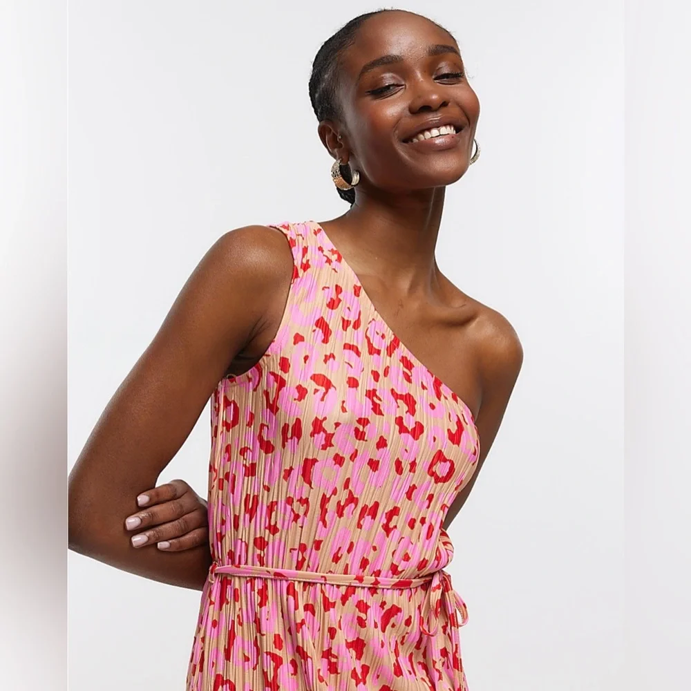 River Island Pink Leopard One Shoulder Plisse Maxi Dress NWT Women’s Size 10 - Picture 3 of 11